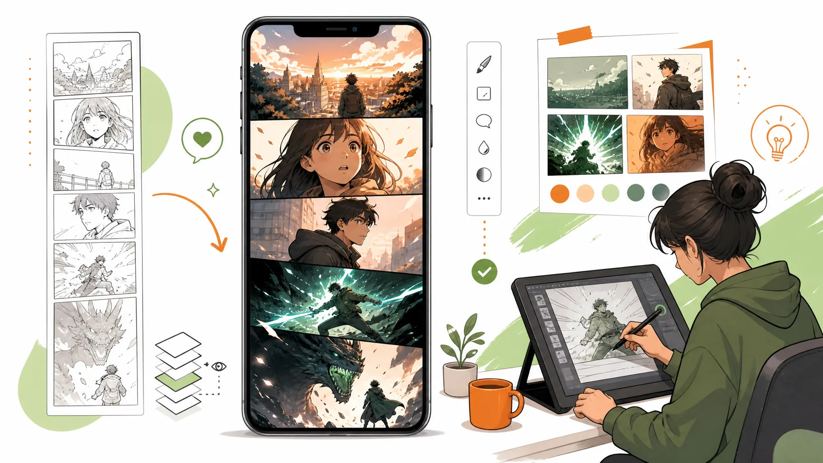 条漫竖向滚动创作与手机阅读示意图
